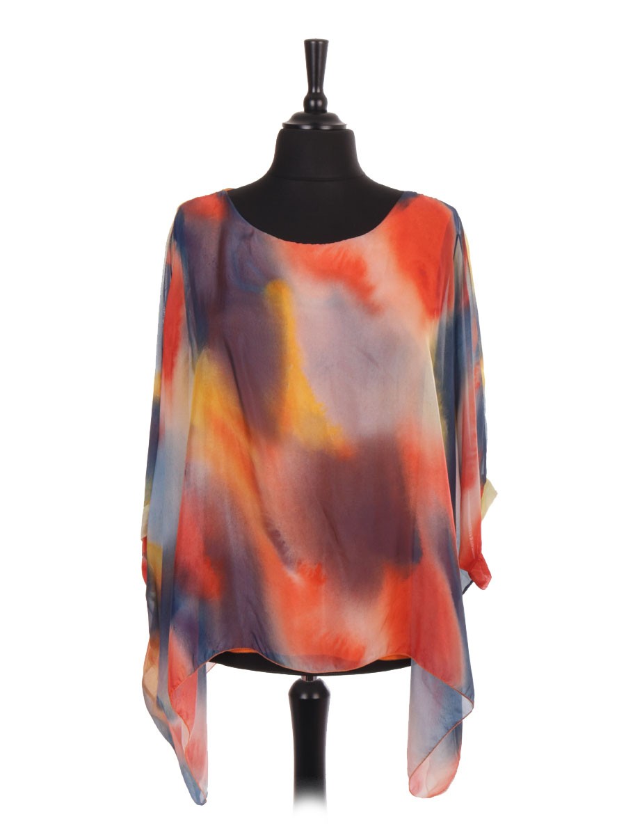 Made In Italy Abstract Print Two Layered Silk Batwing Tunic Top