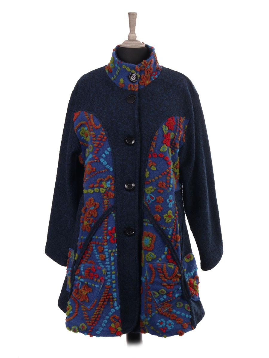 Made In Italy Lana Wool Coat with Boiled Wool Detail and Side Pockets