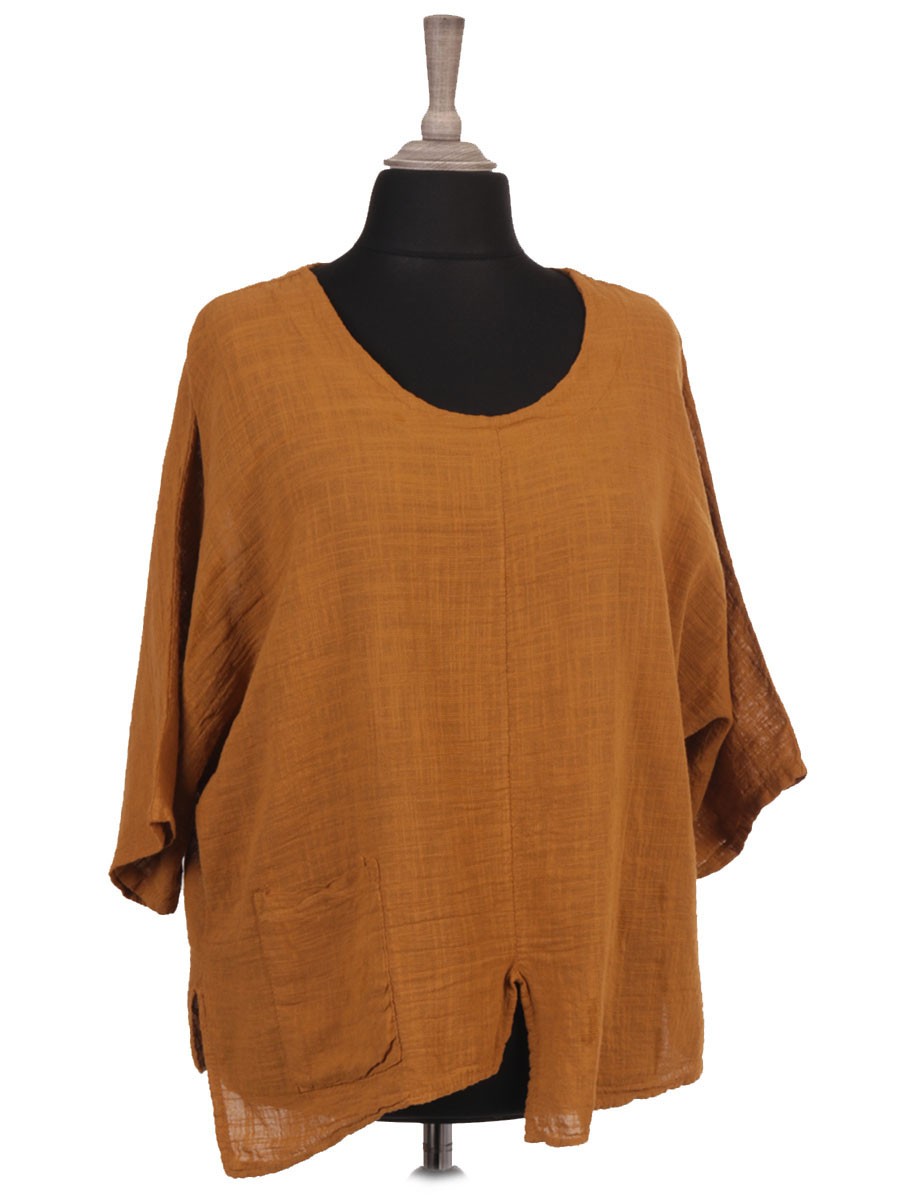 Made In Italy Linen Batwing Top With Front Pocket And Split