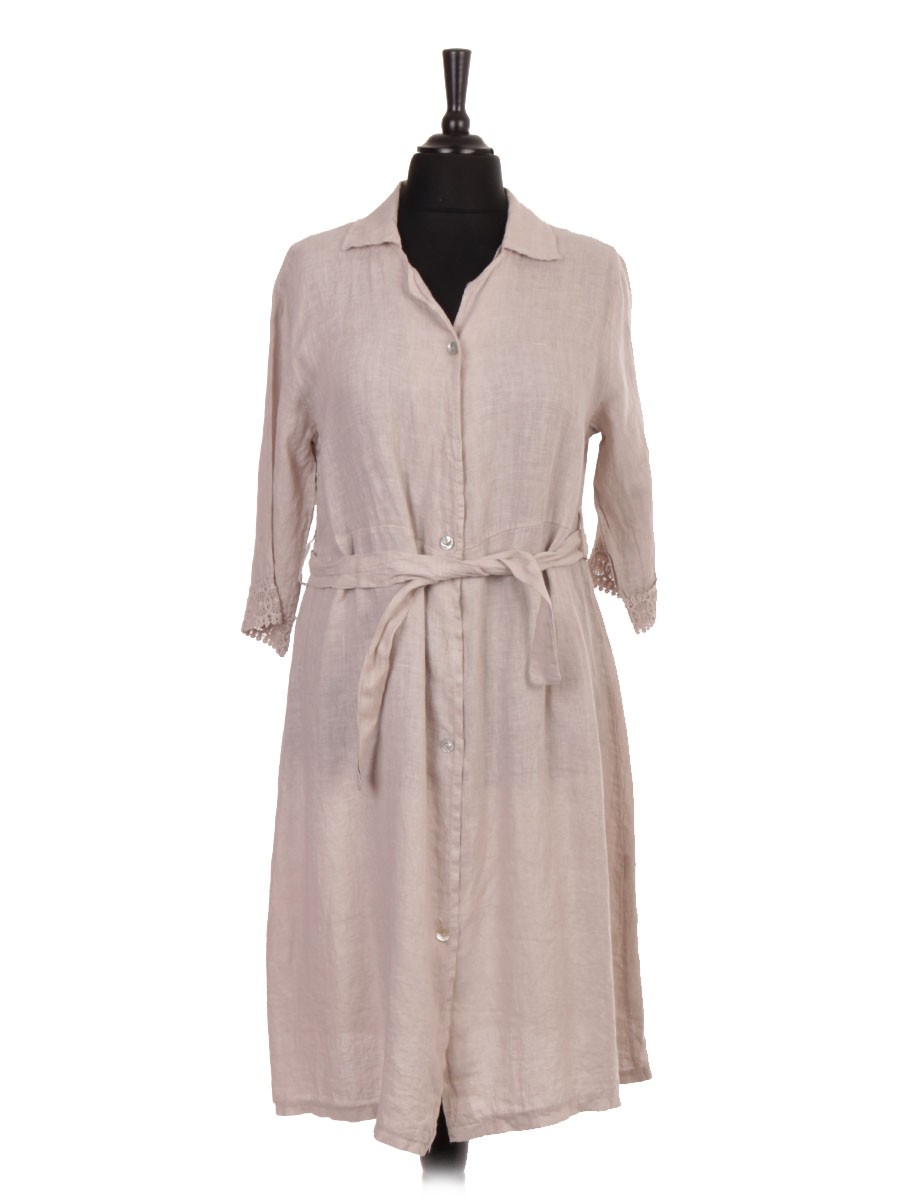 Wholesale Italian Linen Belted Shirt Dress with Crochet sleeves