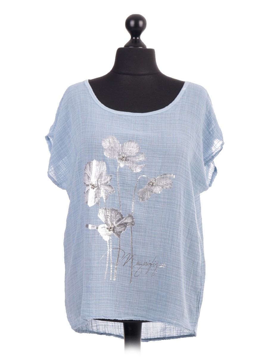 Made In Italy Wholesale Clothing Glossy Floral Print Top With Beads