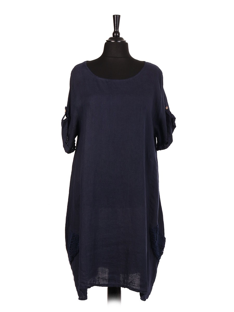 Italian Short Sleeve Linen Lagenlook Dress With Crochet Pockets