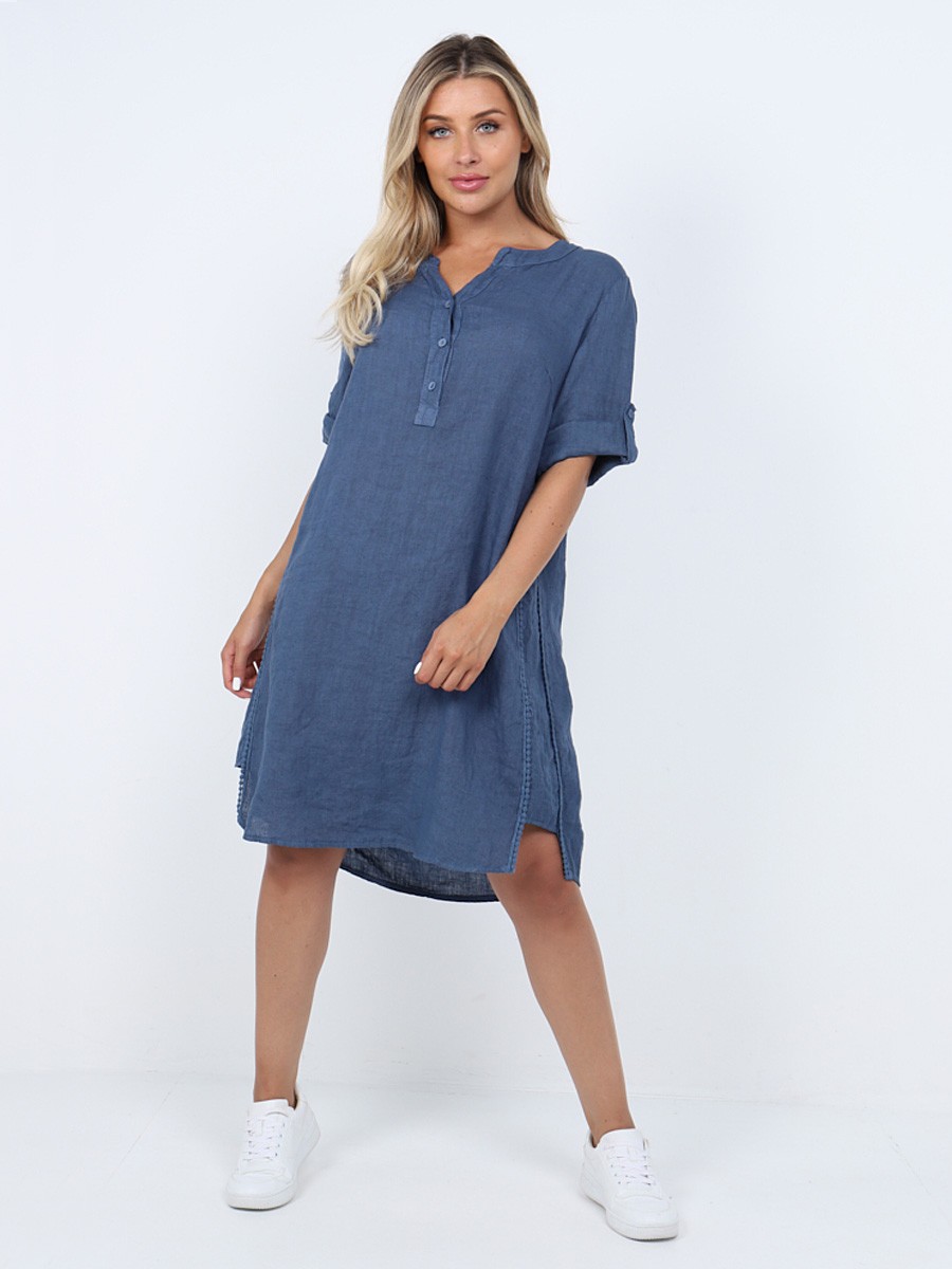 Italian Turn-up Sleeves Linen Shirt Dress With Lace Detail