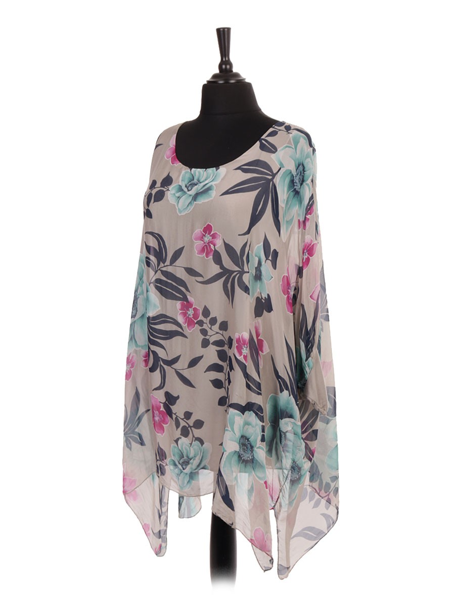 Made In Italy Two Layered Floral Print Plus Size Silk Batwing Top