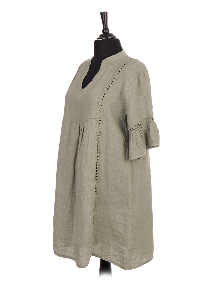 Wholesale Italian V-neck Linen Dress With Crochet Detail And Flared Sleeves